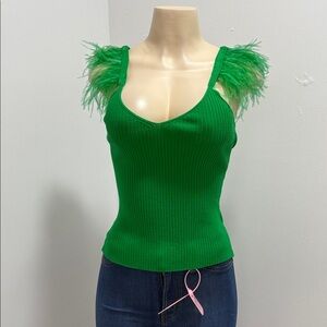 Green Feather-Trimmed Ribbed Top